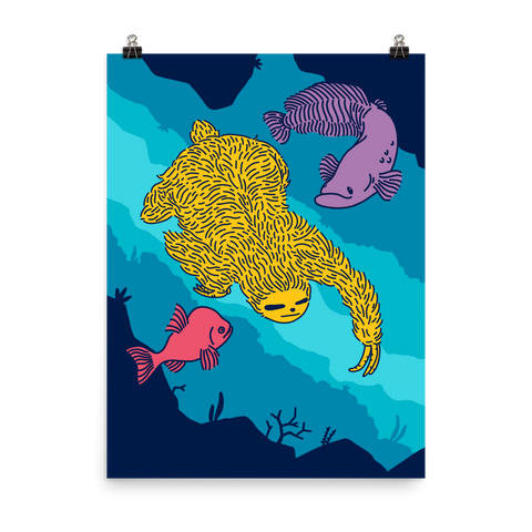 "Swimming Sloth" Art Print