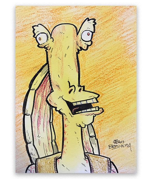 This Jar Jar art was made live at MegaCon Orlando 2017 by Breshnyda in Artist Alley A207 by commission. Art features Jar Jar in a derpy state on paper. Collaboration with Justin Peterson (MAD Magazine, Very Near Mint).