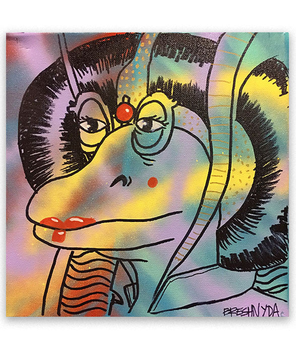This Jar Jar art was made live at MegaCon Orlando 2017 by Breshnyda in Artist Alley A207 by commission. Art features Jar Jar dressed as Padmé Amidala on canvas.